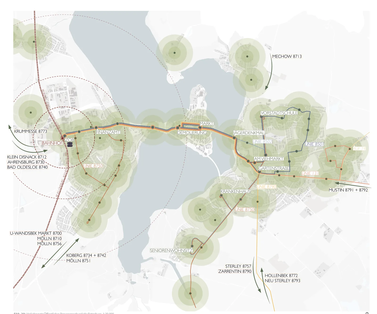 Karte öffentlicher Personennahverkehr Ratzeburg mit Haltestellenradien