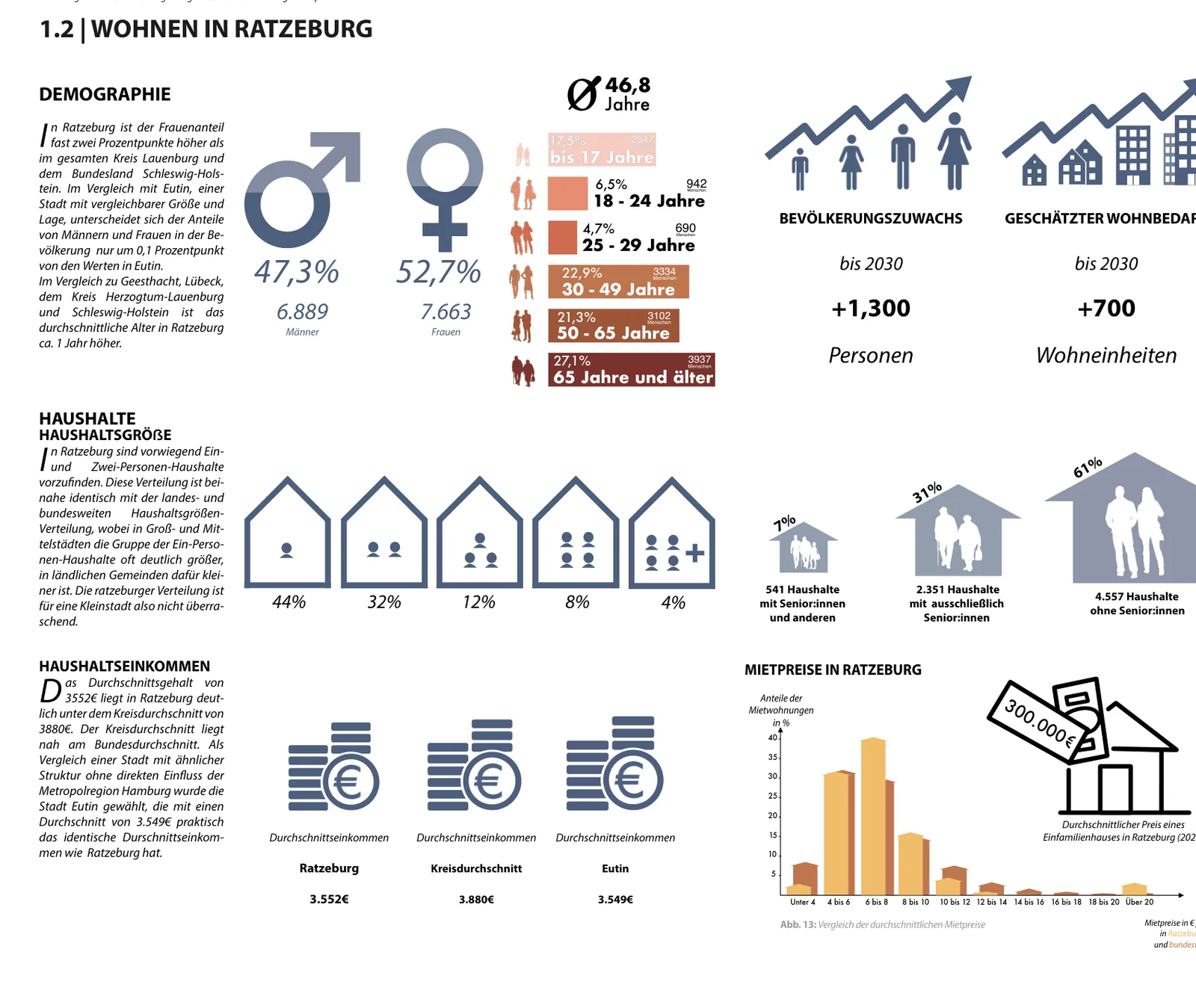 Infografik Demografie, Haushalte und Mietpreise in Ratzeburg